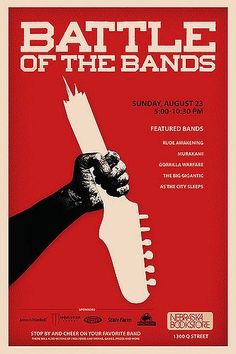 the poster for battle of the bands shows a hand holding a knife with both hands