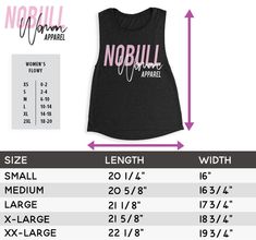 a women's black tank top with the measurements for it and an image of nobull apparel