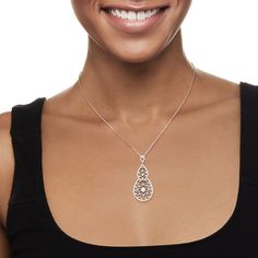 Ross-Simons - .65ct t. w. Diamond Filigree Pendant Necklace in 14kt White Gold. 18". Our vintage-style pendant necklaces features an exquisite filigree design, sparkling with .65 ct. t. w. diamonds. Set in 14kt white gold with milgrain details. Suspends from a cable chain with a 2" extender. Springring clasp, diamond filigree pendant necklace. Diamond birthstones are the perfect gift for April birthdays. Intricate Rose Gold Sterling Silver Jewelry, Rose Gold Sterling Silver Filigree Jewelry, Exquisite Diamond Necklace With Intricate Design As Gift, Elegant White Gold Filigree Diamond Necklace, Elegant Filigree Diamond Pendant Necklace, Elegant White Gold Diamond Necklace With Filigree, Elegant Sterling Silver Engraved Diamond Necklace, Elegant Engraved Sterling Silver Diamond Necklace, Elegant Rose Gold Filigree Necklace