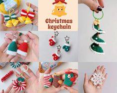 christmas keychains made out of crochet are being held by hands