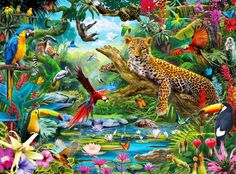 a painting of animals and birds in the jungle