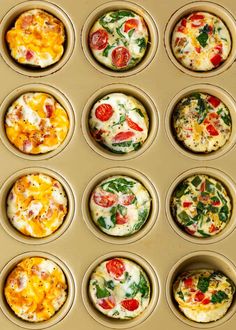 twelve muffin tins filled with different types of food