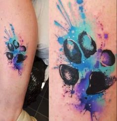 two pictures of the same animal's paw with paint splatters on them