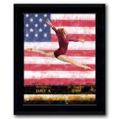 a painting of a woman in the air with an american flag behind her on a white background