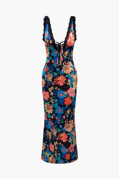 Floral Print Lace Trim V-neck Maxi Dress – Micas Cheap Printed Fitted Midi Dress, Cheap Fitted Printed Midi Dress, Cheap Embroidered Fitted Dress For Summer, Cheap Fitted Embroidered Summer Dress, Brunch Garden, List Style, Fit Check, Looks Vintage, Fancy Dresses