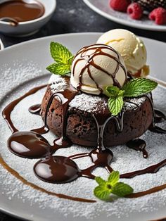 chocolate cake with ice cream and raspberries on the side sitting on a white plate