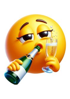 an emoticive smiley face holding a glass of champagne