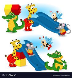 three cartoon animals playing on an inflatable slide with a bee, mouse, and giraffe