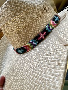 "3/4\" wide All bead work is beaded with 10lb extreme braided nylon line. All hat bands are finished at 23\" with glued than sewed down leather ends and an adjustable leather tie." Traditional Multicolor Beaded Hat Band, Artisan Multicolor Hat Bands For Summer, Adjustable Multicolor Beaded Hats, Traditional Multicolor Hat Bands For Summer, Traditional Adjustable Handwoven Hat Bands, Festival Multicolor Beaded Hats, Adjustable Multicolor Beaded Hat Bands, Adjustable Handwoven Hat Bands For Rodeo, Western Style Adjustable Handwoven Hat Band