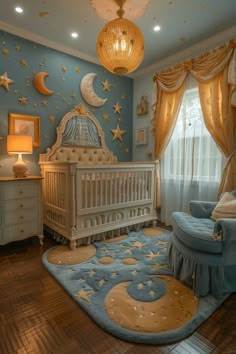 a baby's room decorated in blue and gold with stars on the ceiling, crib, rocking chair, dresser, and bed