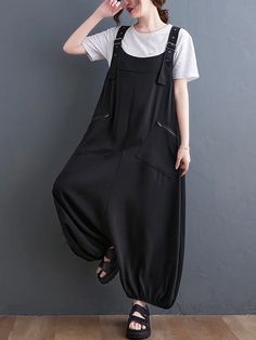 Loose Oversize Solid Color Zipper Jumpsuits Bottoms Cotton Dresses Summer, Zipper Jumpsuit, Style Oversize, Suit Jumpsuit, Oversize Fashion, Maxi Shirt Dress, Polka Dress, Summer Party Dress, Puffed Sleeves Dress