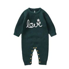 A cozy and stylish addition to your baby girl's spring, winter, and autumn wardrobe. Adorned with an embroidered "love" design for a touch of cuteness in every outfit. Cozy Fall Onesie For Playtime, Fall Onesie For Playwear, Cozy Fall Cotton Onesie, Winter Knitted Long Sleeve Onesie, Green Long Sleeve Winter Onesie, Cute Fall Sweater For Playwear, Playful Fall Playwear For Babies, Knitted Jumpsuit, Summer Outfit Accessories