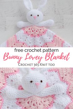 crochet bunny lovey blanket with text overlay that says free crochet pattern