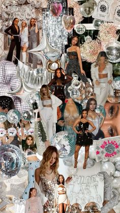 a collage of many different women in white dresses and disco balls, with one woman holding a doll