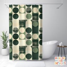 a green and white shower curtain with circles on it