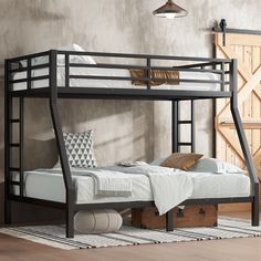 a bunk bed with a mattress underneath it on a rug in front of a wall