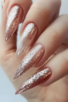 Get ready to be dazzled by 24 pretty rose gold nail designs that will make your fingers sparkle and shine like never before. This stunning metallic hue has taken the beauty world by storm, offering Pink And Gold Sparkly Nails, Sparkly Rose Gold Nails, Pink And Gold Sparkle Nails, Winter Nails Pink Rose Gold, Rose Gold Sparkle Nails, Rose Gold Glitter Nails, Pink Metallic Nails Rose Gold, Spicy Nails, Glitter Christmas Nails