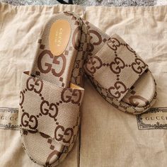 Gucci Slides : Never Worn,Has Shoe Garment Bags,No Box, Size 40/10d Designer Brown Sandals For Vacation, Gucci Luxury Brown Sandals, Gucci Brown Sandals For The Beach, Luxury Gucci Sandals For Vacation, Gucci Luxury Beach Sandals, Gucci Slides, Shoes Gucci, Gucci Shoes, Garment Bags