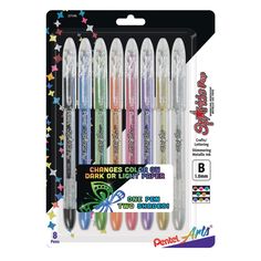 four different colored pens are in the package