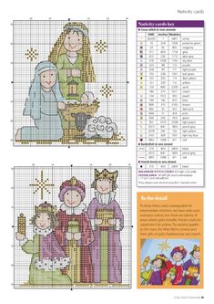 four cross stitch patterns with pictures of people in the middle and one woman holding a baby