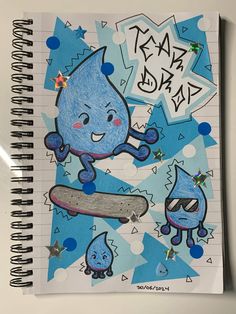 a drawing of a blue water drop riding a skateboard on top of a notebook