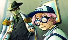 two anime characters one with pink hair and the other wearing blue glasses, standing next to each other