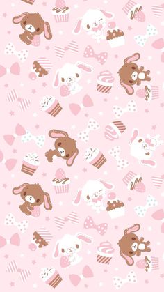 a pink wallpaper with some animals and cupcakes