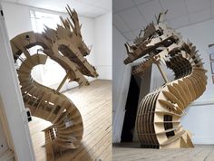 two photographs of an art installation made out of cardboard boxes and wood planks, one of which is shaped like a spiral staircase