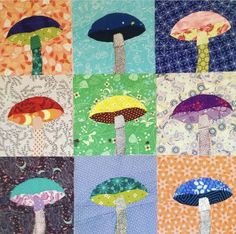 an image of different colored mushrooms on the same patchwork piece as seen in this quilt