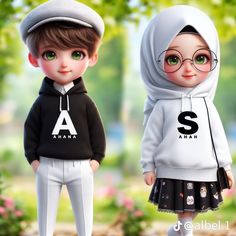 two children wearing hoodies and sweatshirts standing next to each other in front of trees