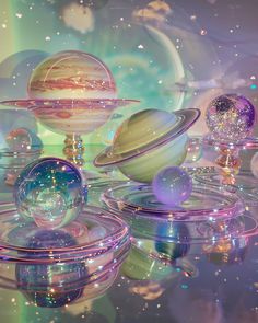 an array of glass planets floating on top of each other