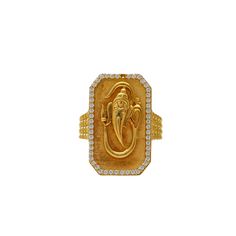 This amazing Lord Ganesh 22K gold ring design features gleaming cubic zirconia and an engraved depiction of the special Indian deity. Lord Ganesh has deep cultural meaning, wearing this gold ring design will bless the wearer with wisdom, understanding, and discriminating intellect. Features• 22K Yellow Gold • Cubic Zirconia • Engraved Details As one of the leading gold Indian jewelry stores in the USA, we are proud to offer a wide selection of men's Indian gold jewelry, including this stunning 2 Ganesha Jewelry Gold, Mens Gold Rings Indian God, Ganesh Ring For Women, Om Gold Rings, Lakshmi Devi Rings, Lakshmi Finger Ring Gold, 22k Gold Ring, Gold Ring Designs, Gold Bead Necklace