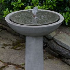 a concrete bird bath sitting on the ground