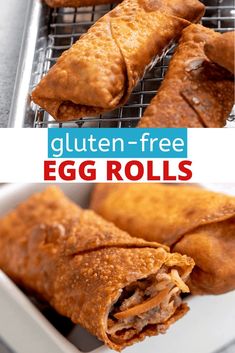 an egg roll is cut in half and placed on a cooling rack with the text gluten - free egg rolls