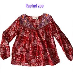 New Without Tags Never Used Red Floral Embroidered Western Peasant Boho Blouse Size Small Rachel Zoe Blouse Red Floral Print Eyelet & Embroidered Accents Three-Quarter Sleeve With V-Neck Details Size Guide Bust: 36" Waist: 41.5" Length: 25" Fabric: 100% Cotton Item # Wrl59417 Pairs Well With: Boho, Vintage, Eclectic, Academia, Balletcore, Classic, Fall, Spring, Summer, Winter, Festival, Revolve, Tiktok, Influencer, Chic, Career, Work, Bohemian, Transitional, Streetwear, Casual, Business, Preppy, Embroidered Hippie Peasant Top, Red Long Sleeve Hippie Top, Red Long Sleeve Hippie Blouse, Red Boho Print Top For Festivals, Red Long Sleeve Peasant Top With Floral Embroidery, Red Long Sleeve Peasant Top For Vacation, Red Folk Style Top With Floral Print, Red Bohemian Tops For Festive Occasions, Red Bohemian Top For Festive Occasions