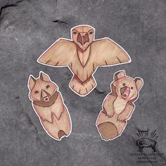 three stickers depicting two bears and an owl