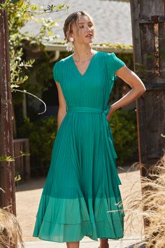 Pleated Colorblock Midi Dress Green Belted V-neck Maxi Dress, Green V-neck Maxi Dress With Tie Waist, Green V-neck Dress With Pleated Waist, Summer V-neck Belted Dress, Green Belted Midi Length Dresses, Green Belted Midi Dress, Chic Green Belted Maxi Dress, Spring Green Midi Dress With Pleated Waist, Green Midi Dress With Pleated Waist For Spring