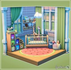 a baby's room with giraffes and other animals in the corner