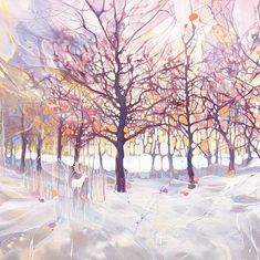 a painting of some trees in the snow