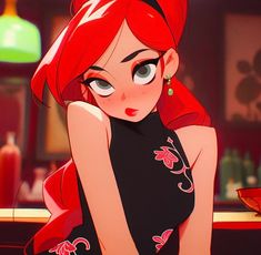 a woman with red hair sitting at a bar