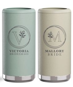 two canisters with matching labels on them for bridesmaids and groomsmid