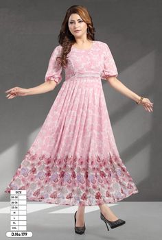 Summer wear dresses made in India sizes are given by Bust measurement (inches) Feminine Georgette Maxi Dresses, Pink Long Chiffon Dress, Pink Chiffon Long Dress, Flowy Georgette Short Sleeve Dresses, Pink Georgette Dress For Spring, Pink Chiffon Midi Dress With Short Sleeves, Spring Knee-length Georgette Dresses, Spring Printed Georgette Dresses, Pink Flowy Chiffon Dress With Short Sleeves