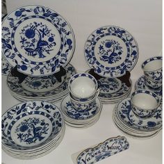 a collection of blue and white china