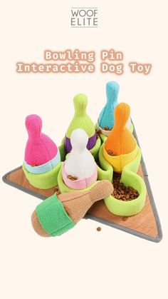 an interactive dog toy is shown with the words bowling pin toys on it's side