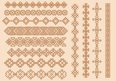 a set of cross stitch patterns in brown and beige colors on a light pink background