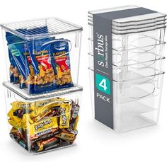 three clear storage containers with snacks in them