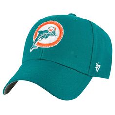 the miami dolphins'47 hat is shown in teal with an orange and white circle on