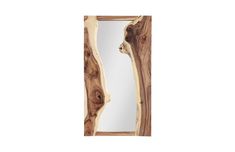 a wooden mirror sitting on top of a white wall next to a tree trunk reflection