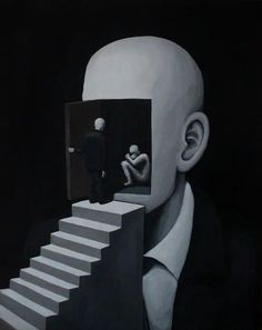 a painting of a man standing in front of stairs with another person looking at him