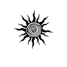 a black and white drawing of a sun with spirals on it's face